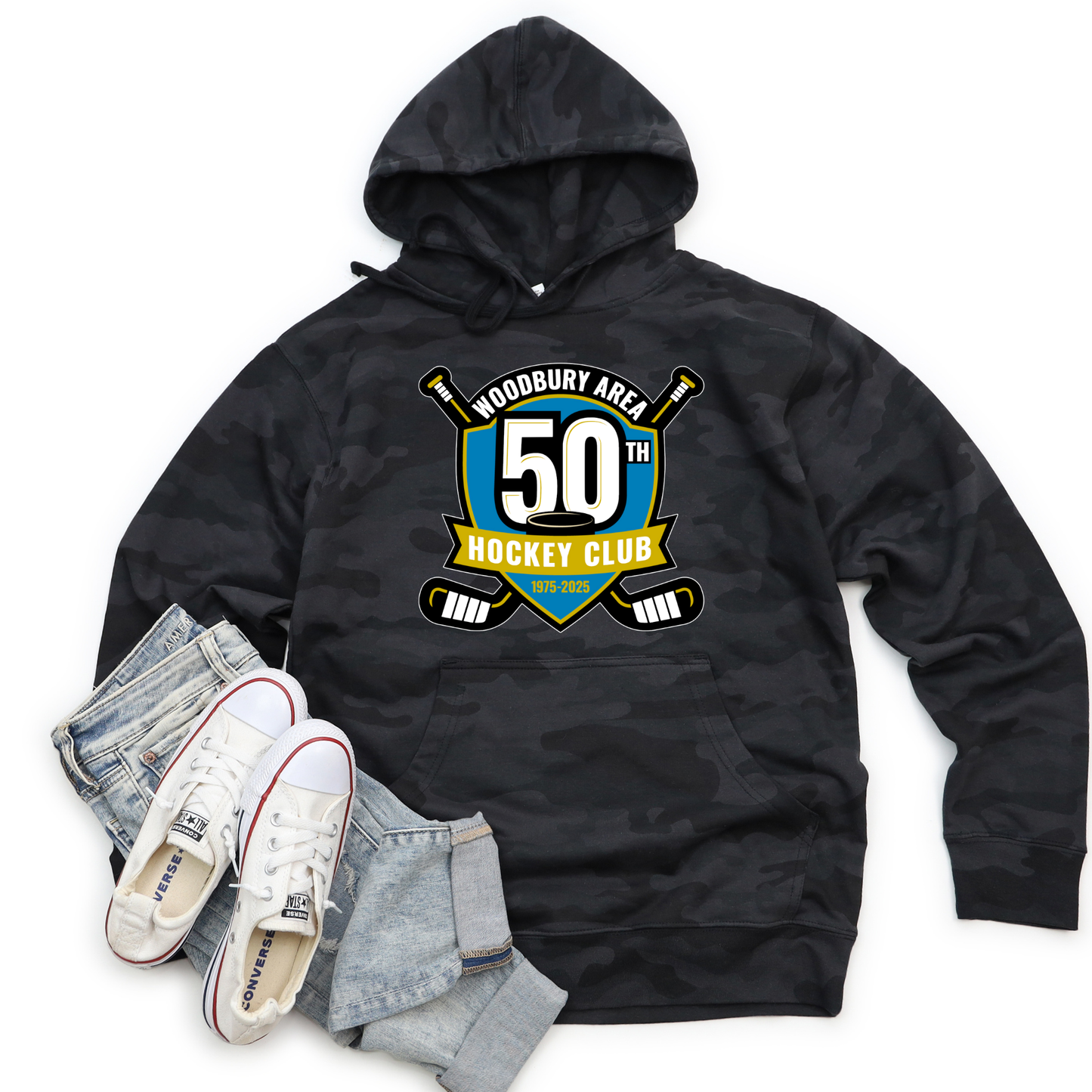 Woodbury 50th Anniversary Hoodie Sweatshirt - Adult - Full Design - Black Camo