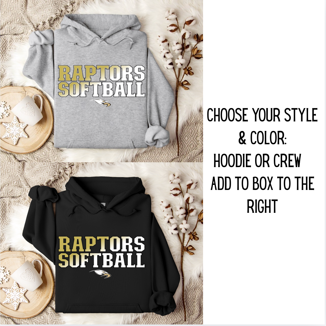 Raptors Softball 2026 Design - Hoodie or Crew - Adult